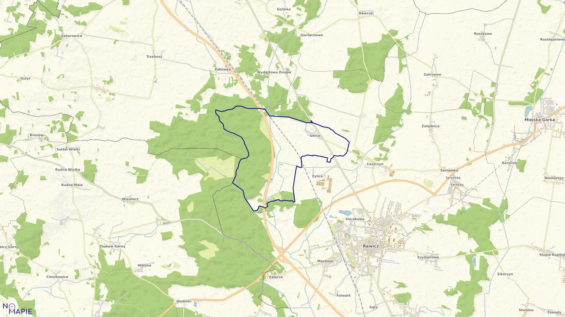 Mapa obrębu Izbice w gminie Rawicz